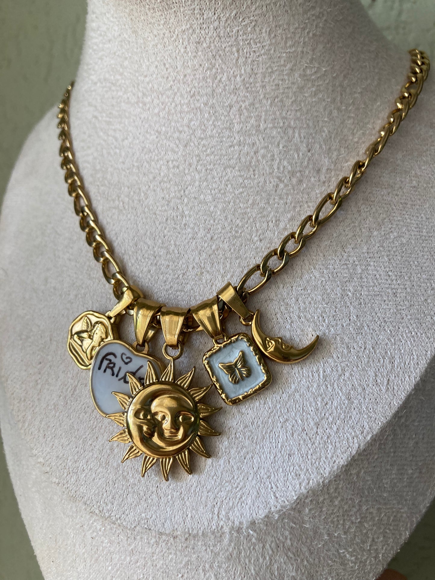 Collana Figaro 5 Pendenti, Ciondolo Centrale SoleLuna