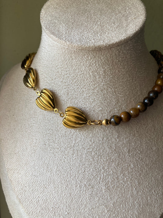 Collana Girocollo Duo, Occhio di Tigre e Cuori in Acciaio