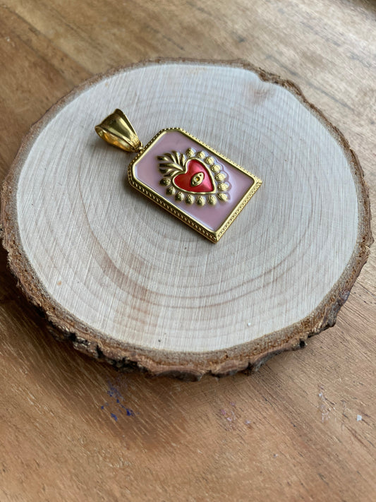 Ciondolo Medaglia Cuore Sacro Sfondo Rosa, Gold