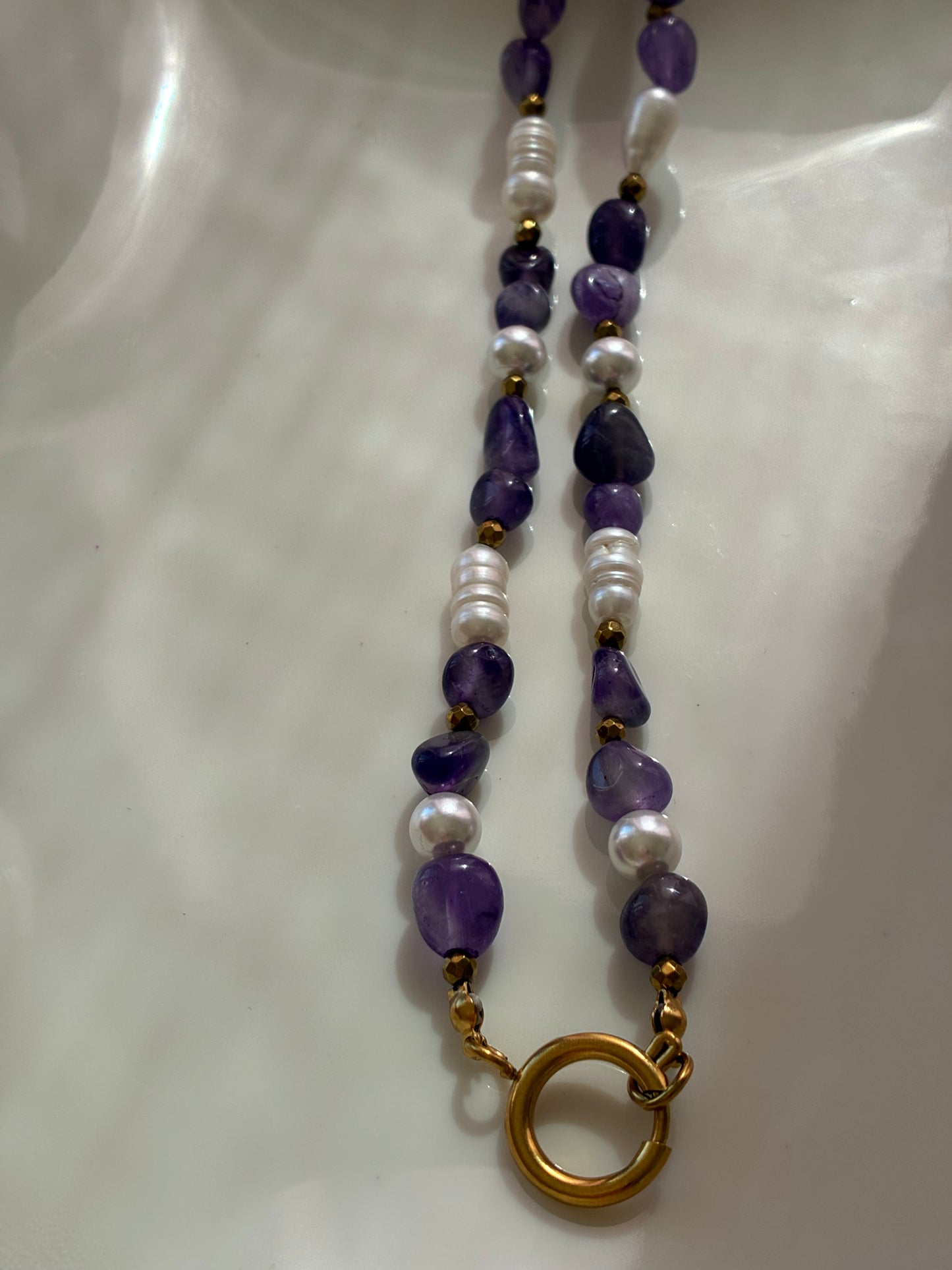 Collana Ametista Burattata, Perle di Fiume, Perle di Majorca ed Ematite Dorata