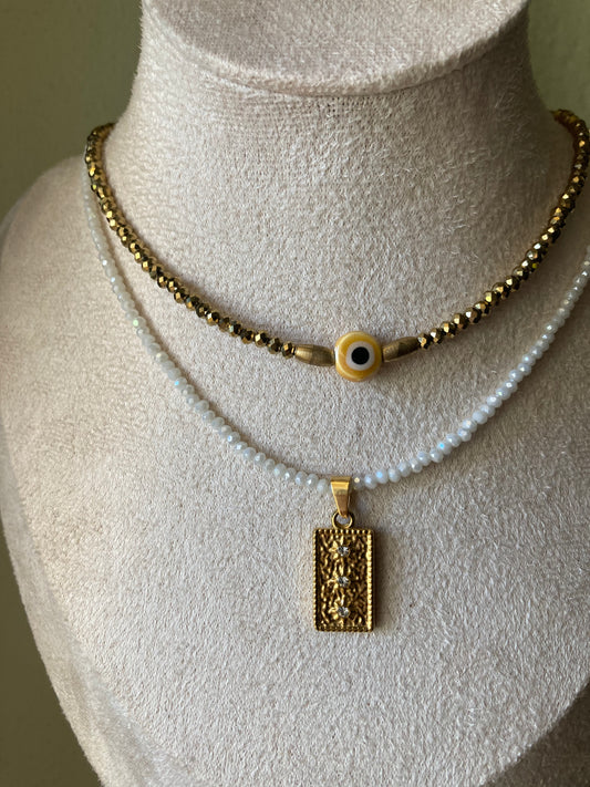 Girocollo Cristalli Bianchi Pendente Medaglietta 3 Punti Luce