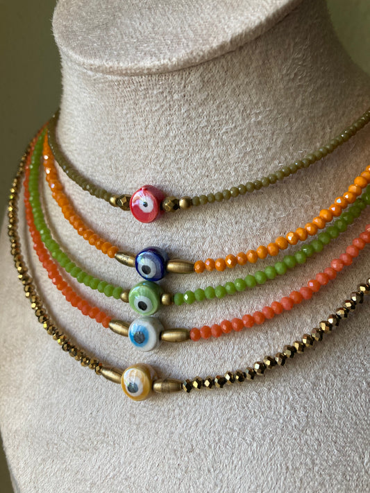 Girocollo Cristalli Colorati Occhio Turco Pepite in Ottone