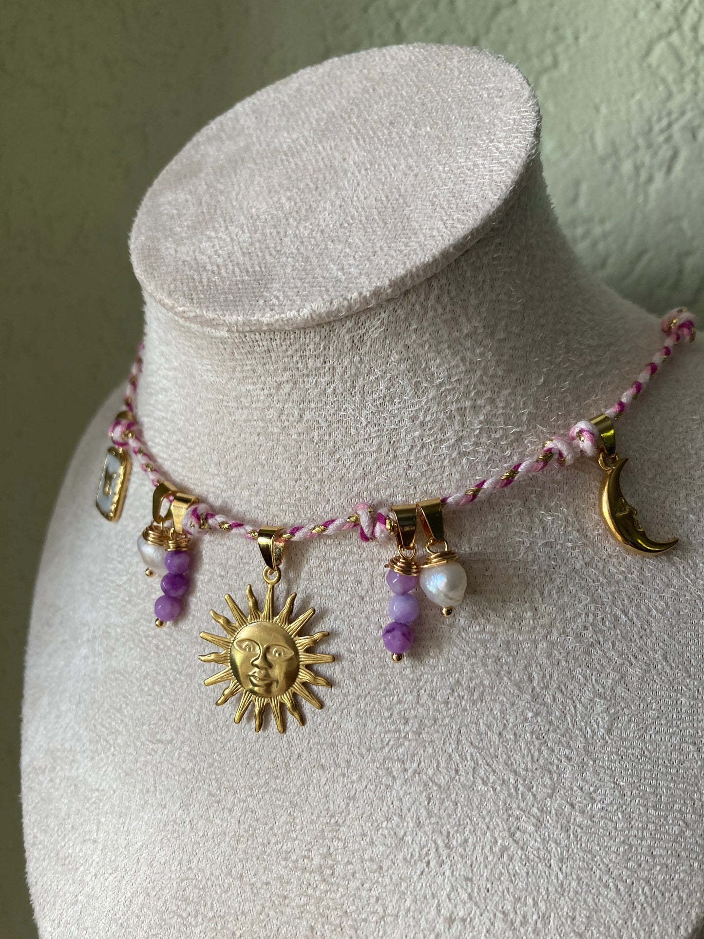 Collanina Kora Cordino Rosa 5 Pendenti