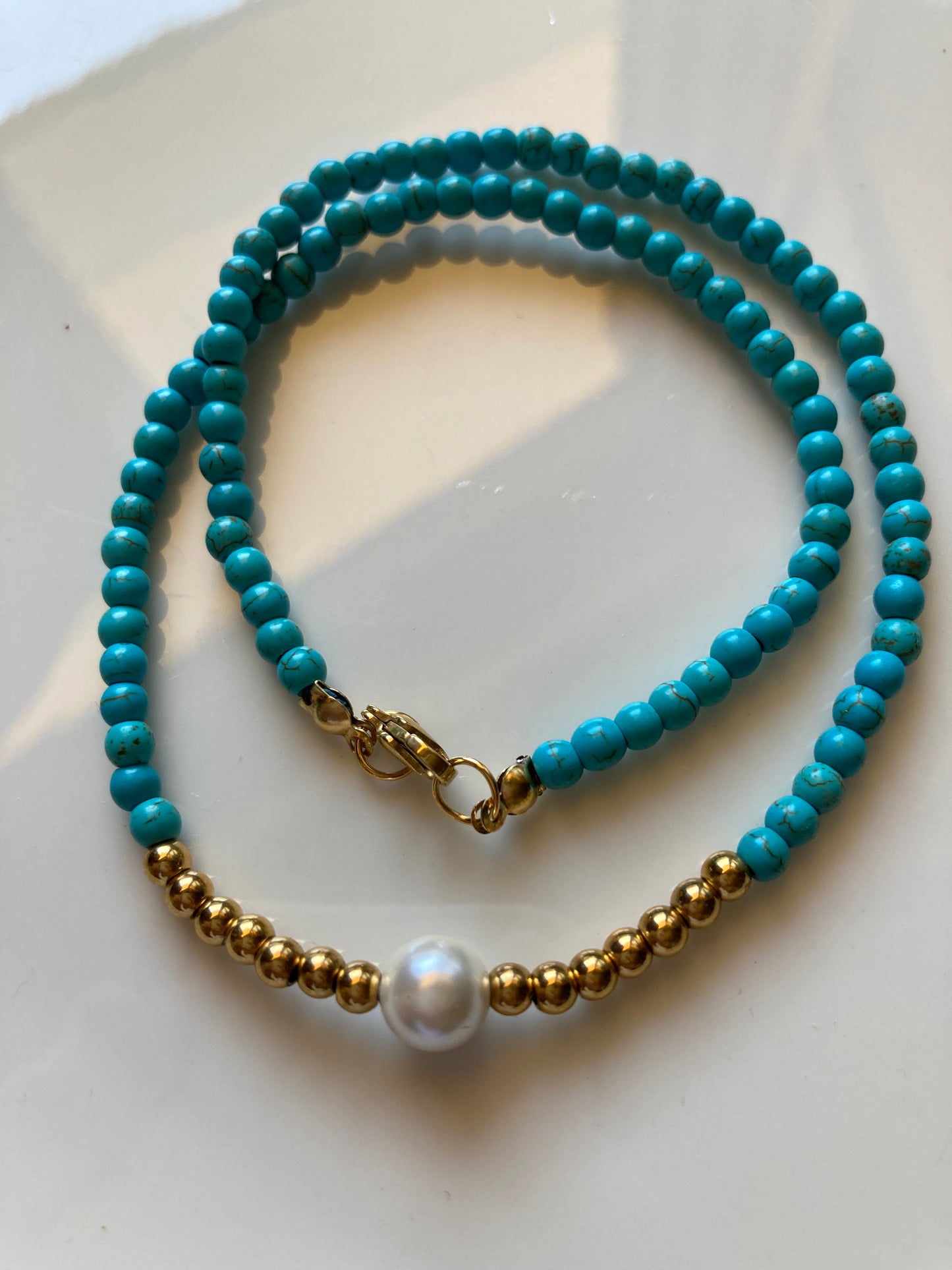 Collana Girocollo Pasta di Turchese Pepite Acciaio Perla di  Majorca