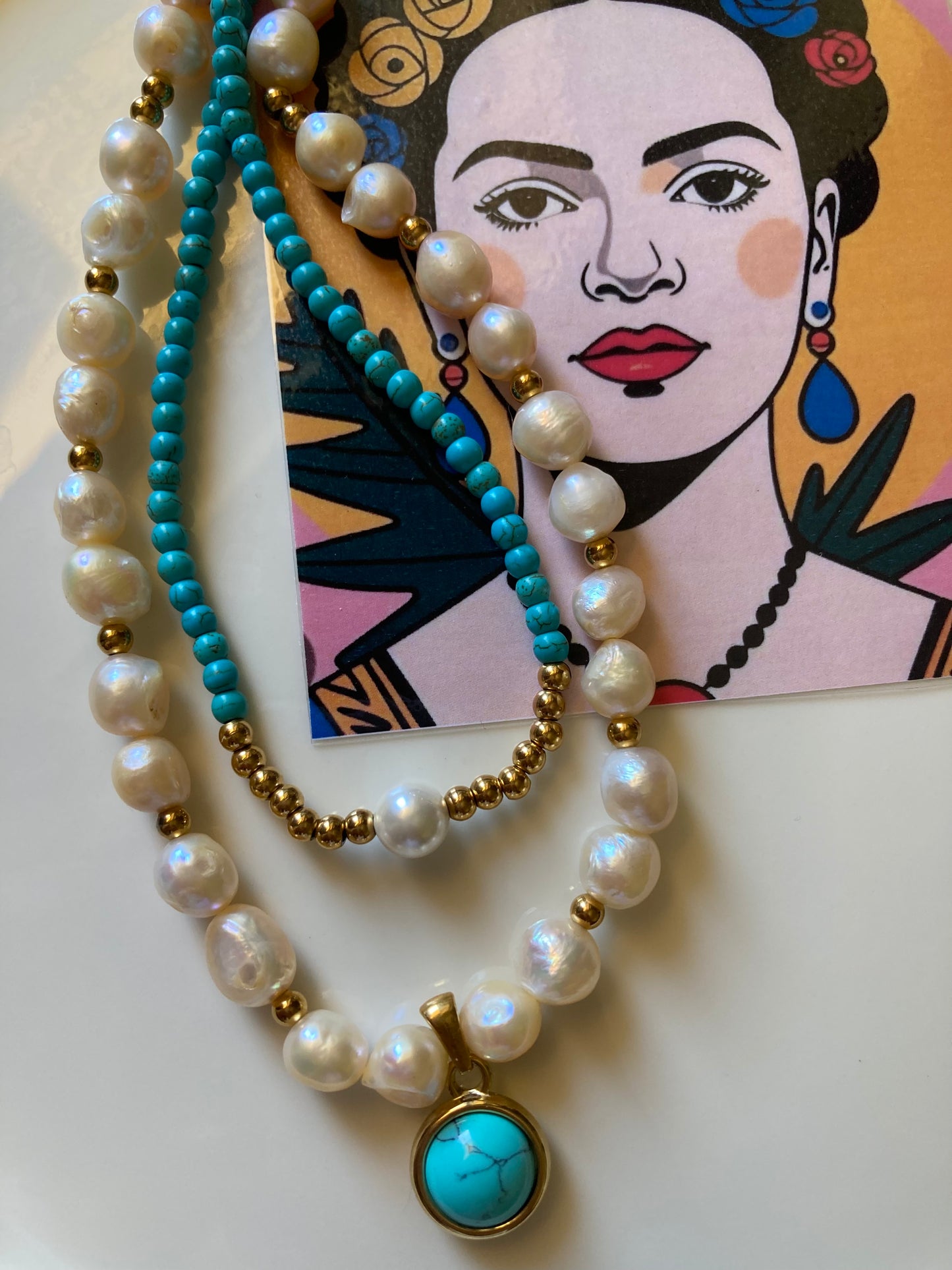 Collana Girocollo Pasta di Turchese Pepite Acciaio Perla di  Majorca