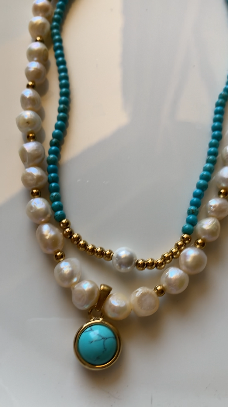 Collana Girocollo Pasta di Turchese Pepite Acciaio Perla di  Majorca