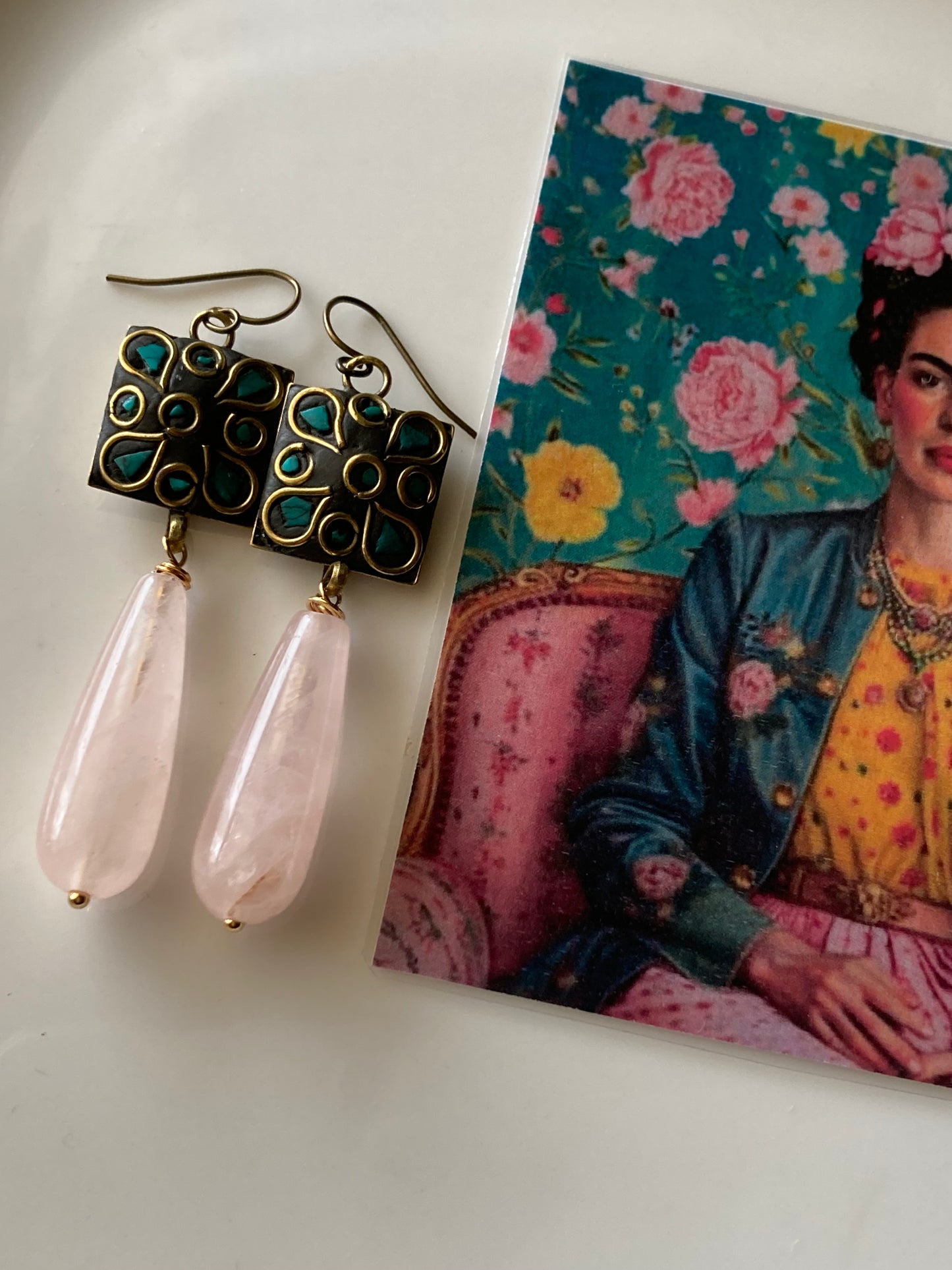 Orecchini Pendente Indiano Goccia Quarzo Rosa