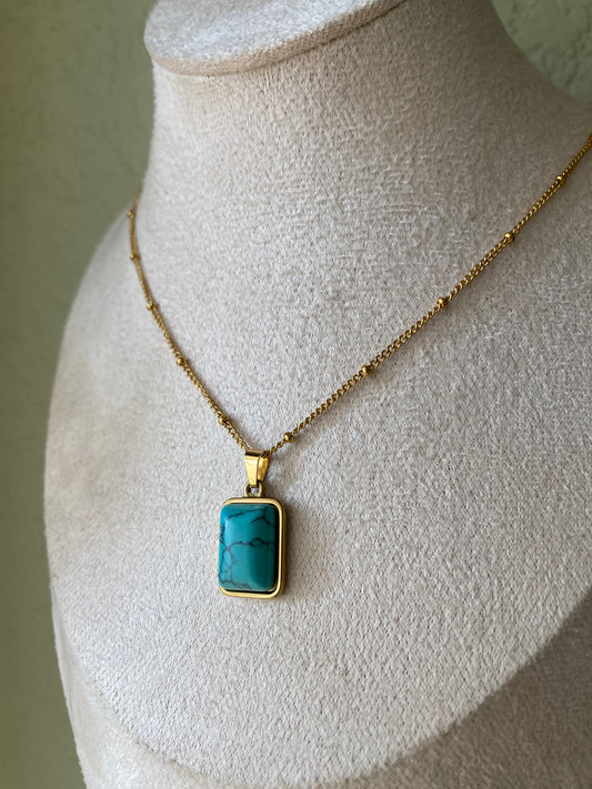 Collana In Acciaio Con Pendente Turchese Rettangolare