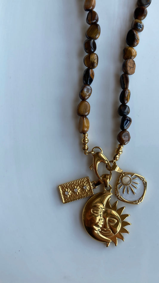 Collana Sasso Burattato Occhio di Tigre con Tre Pendenti