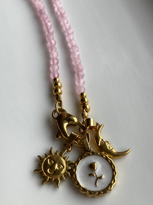 Collana Girocollo  Pietre di Giada Rosa Sfaccettate 3 Pendenti