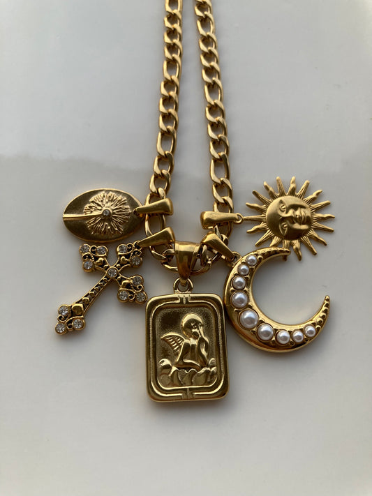 Collana Figaro 5 Pendenti, Ciondolo Centrale Medaglia Angelo
