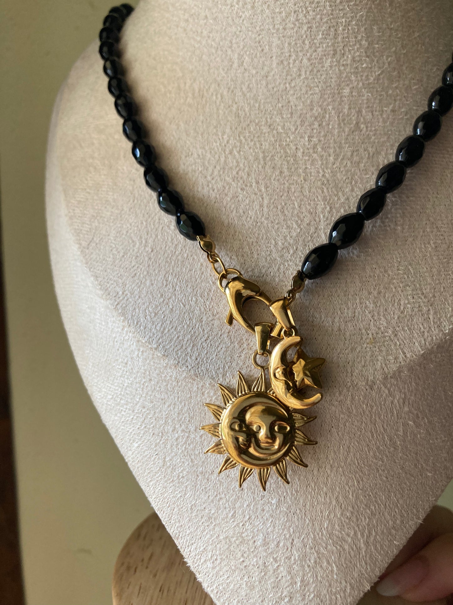 Collana Onice Nero 3 Pendenti con Centrale Stella