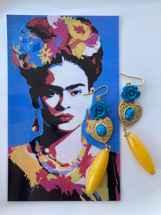 Orecchini Pietra di Giada Gialla, Cuore in Acciaio, Rosellina in Resina