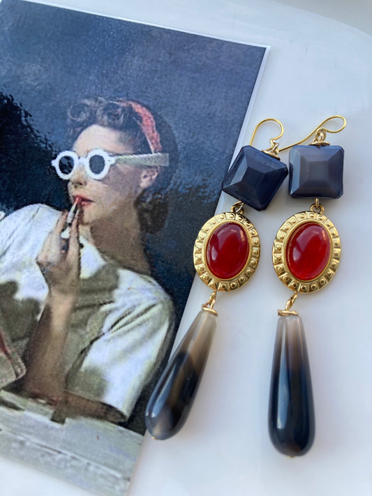 Orecchini Goccia di Agata, Pendente Gemma Rossa, Cristallo Grigio