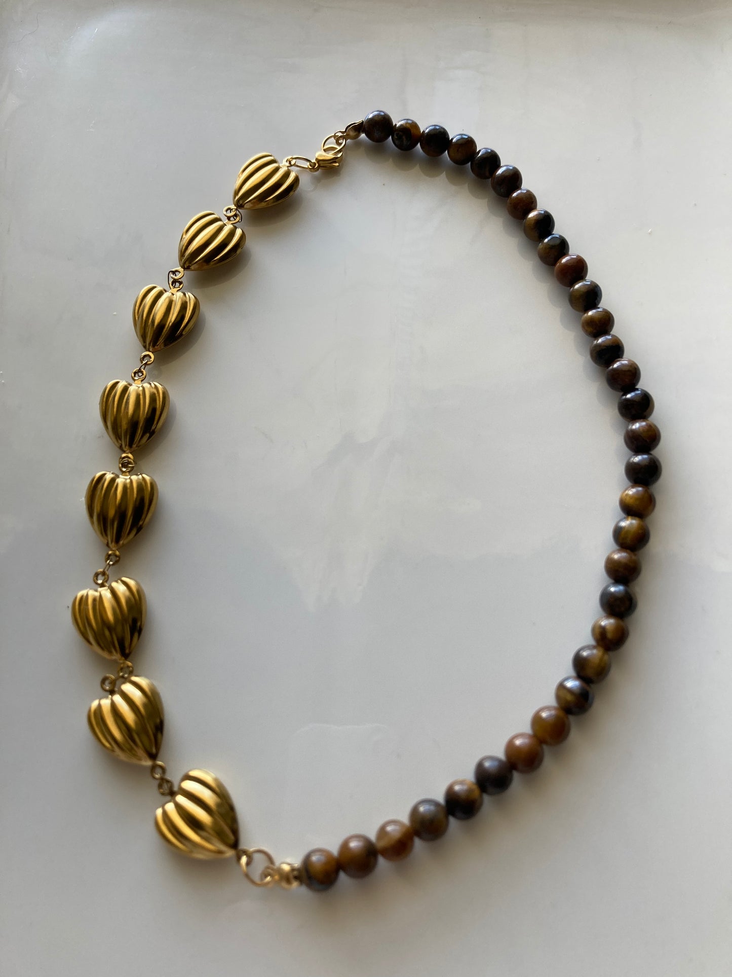 Collana Girocollo Duo, Occhio di Tigre e Cuori in Acciaio