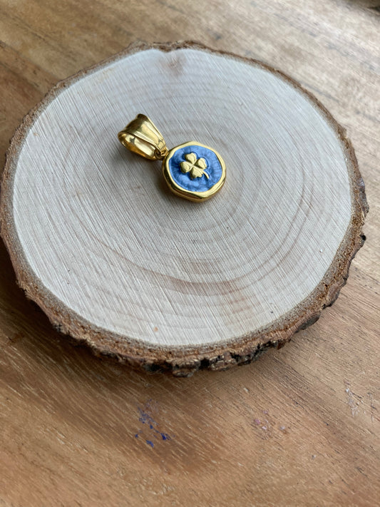 Ciondolo Quadrifoglio Smaltato Blu, Gold