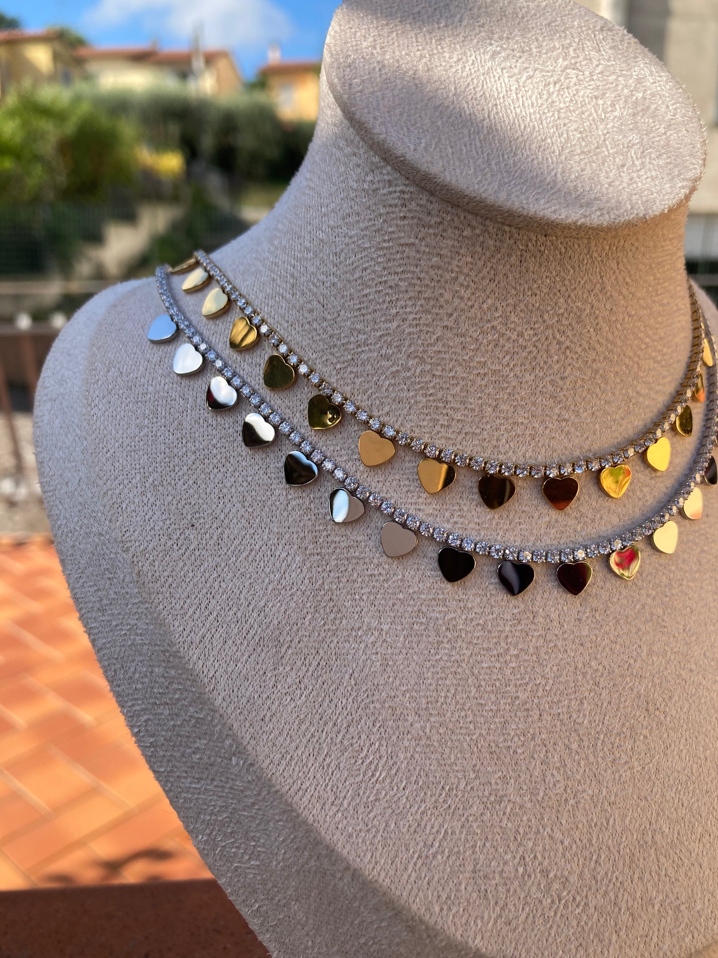 Collana Tennis con Cuori Appesi