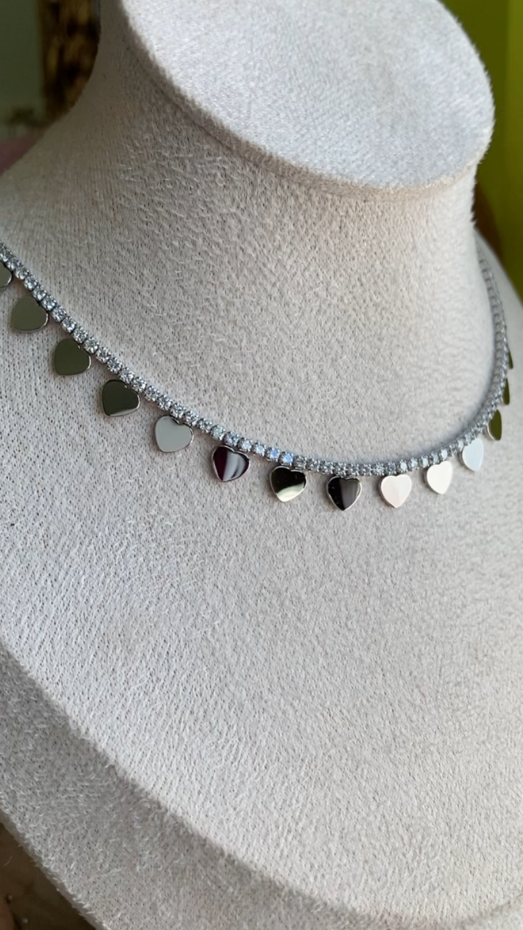 Collana Tennis con Cuori Appesi