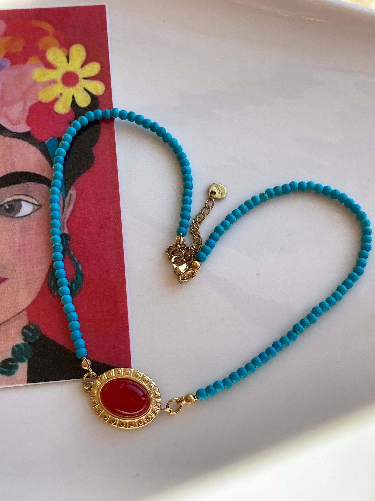 Girocollo Choker Pasta di Turchese con Gemma Rossa Centrale