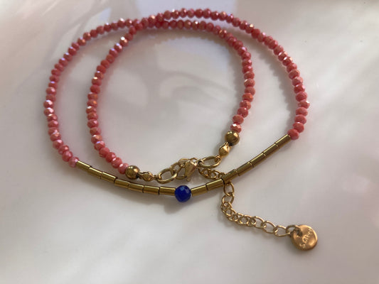 Collana Girocollo Cristallini Corallo, Ematite Dorata, Pietra Blu Centrale