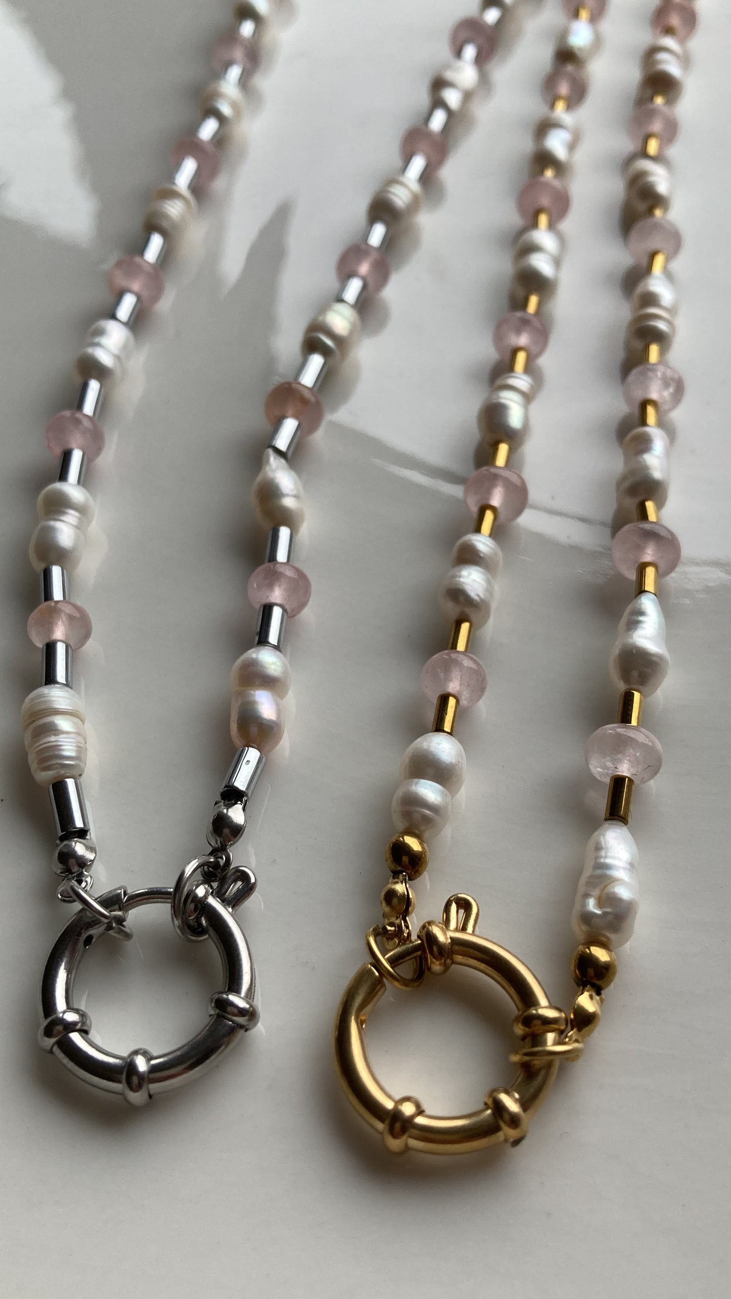 Collana Perle di Fiume, Giada Rosa, Ematite