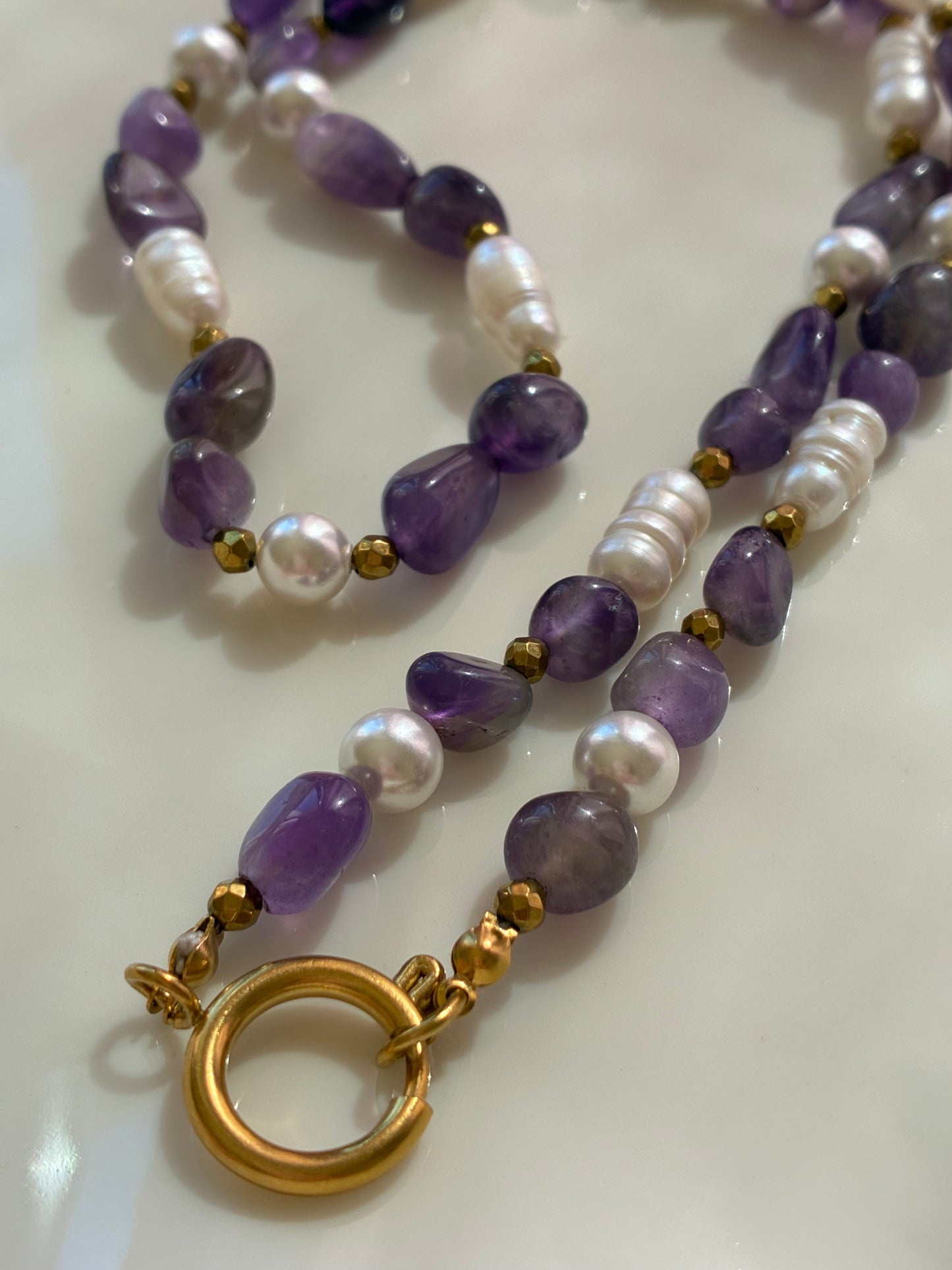Collana Ametista Burattata, Perle di Fiume, Perle di Majorca ed Ematite Dorata