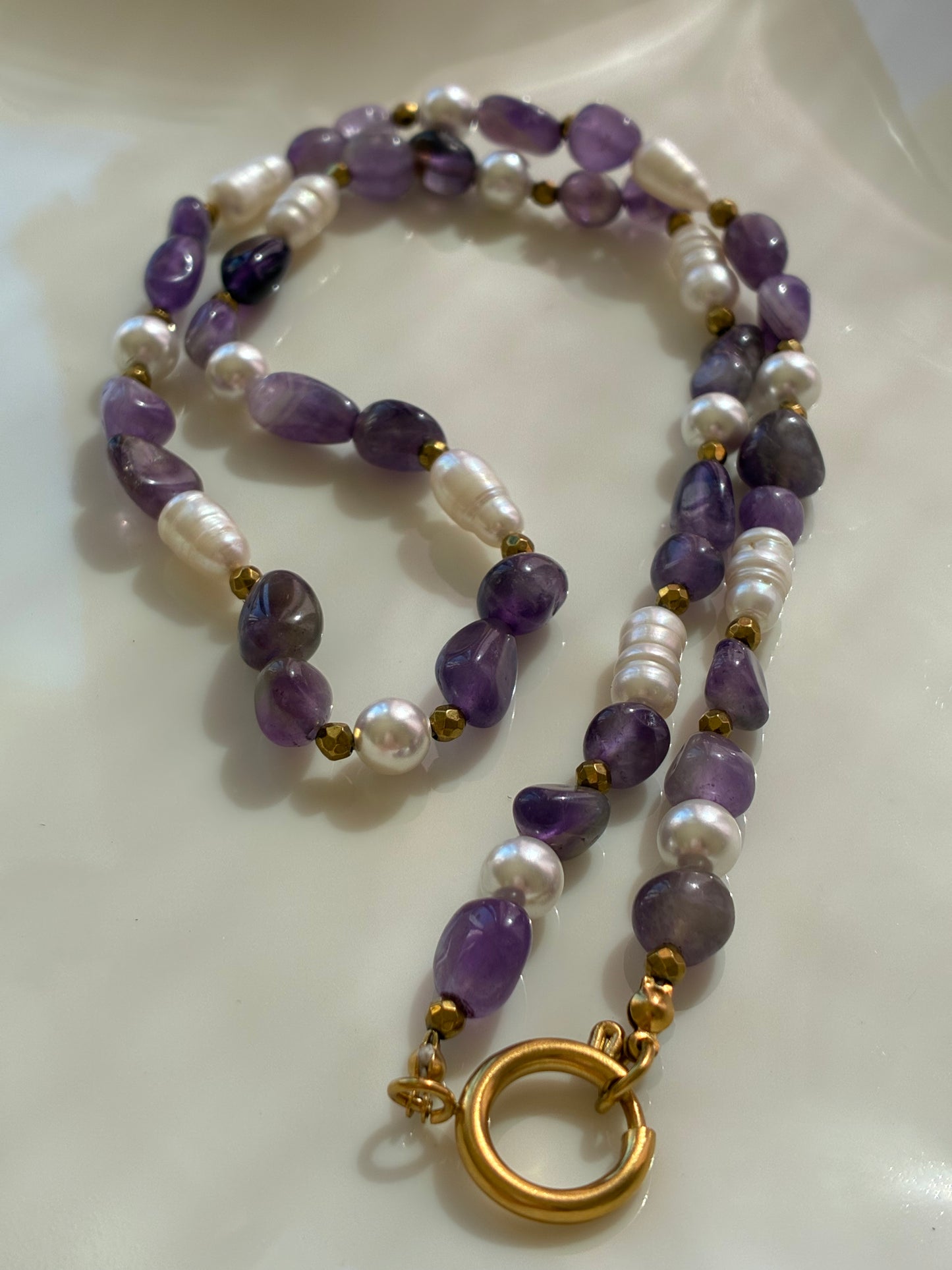 Collana Ametista Burattata, Perle di Fiume, Perle di Majorca ed Ematite Dorata