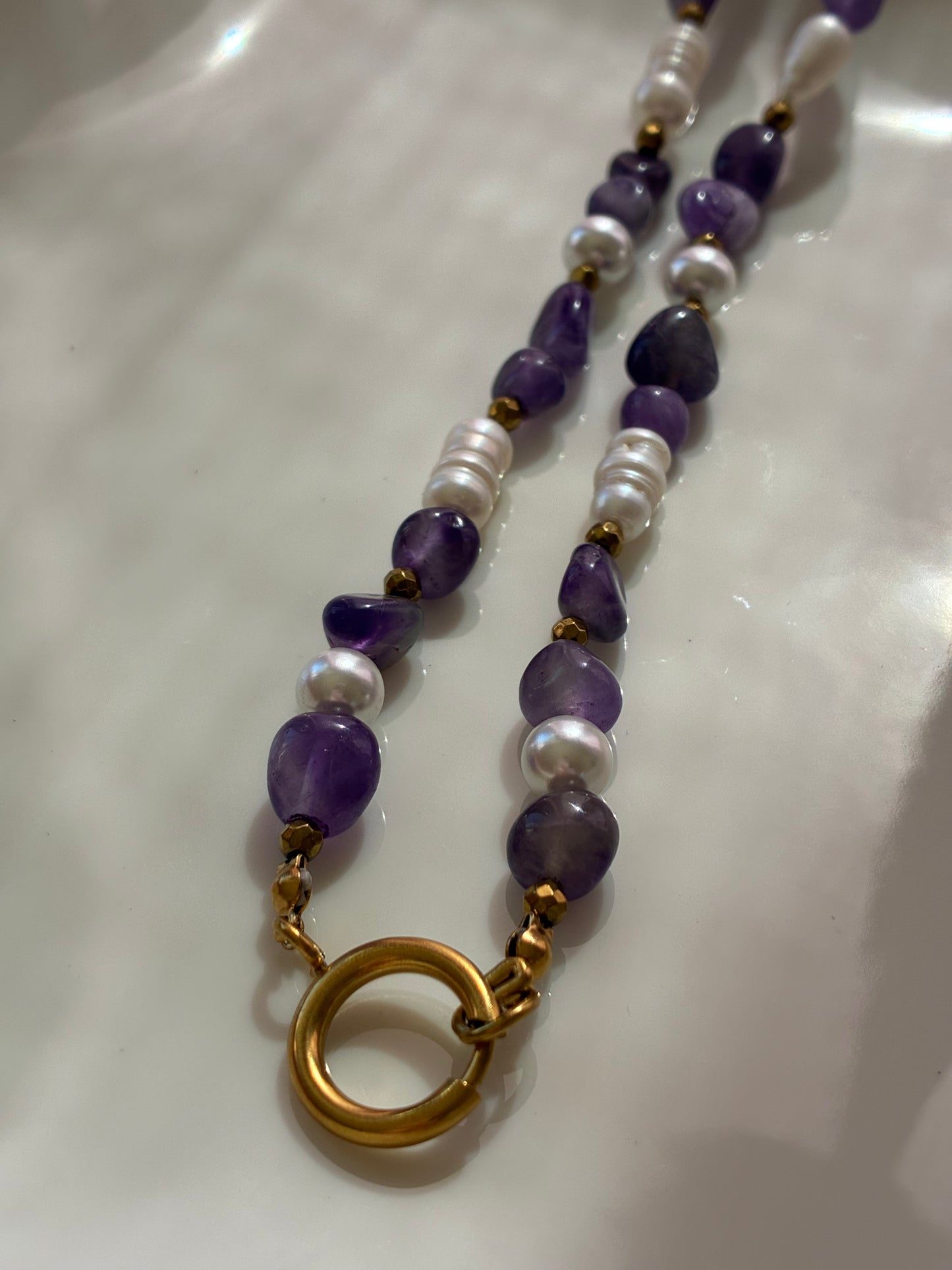 Collana Ametista Burattata, Perle di Fiume, Perle di Majorca ed Ematite Dorata