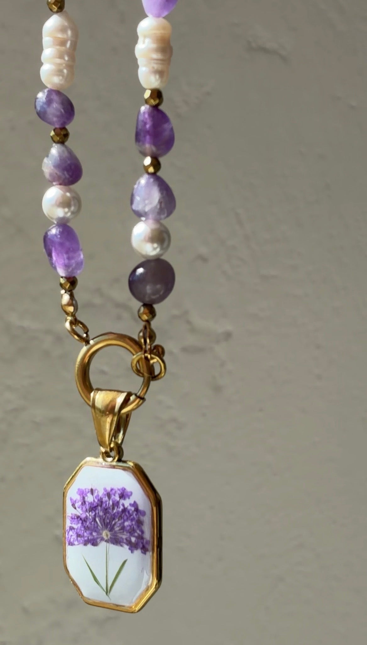 Collana Ametista Burattata, Perle di Fiume, Perle di Majorca ed Ematite Dorata