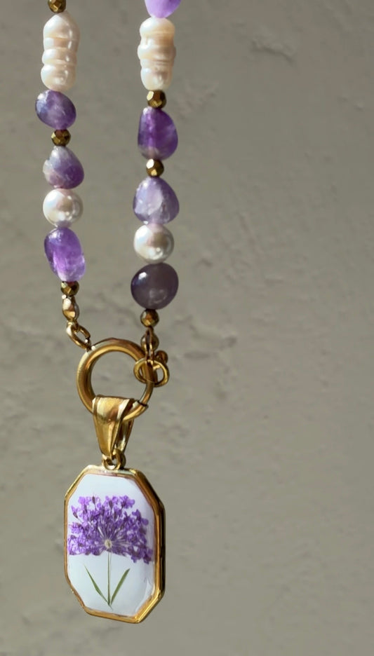 Collana Ametista Burattata, Perle di Fiume, Perle di Majorca ed Ematite Dorata
