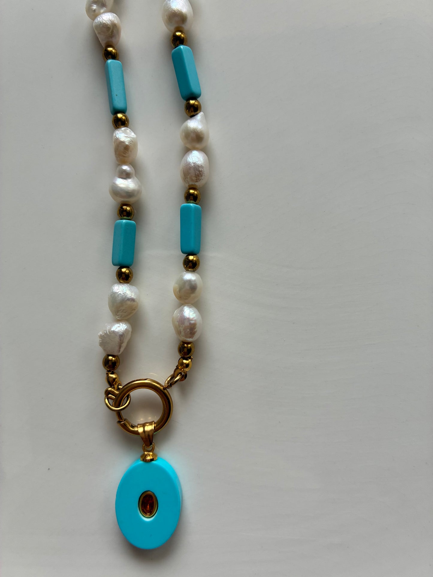 Collana Perle di Fiume, Pasta di Turchese, Ematite Dorata, Ciondolo in Pasta di Turchese
