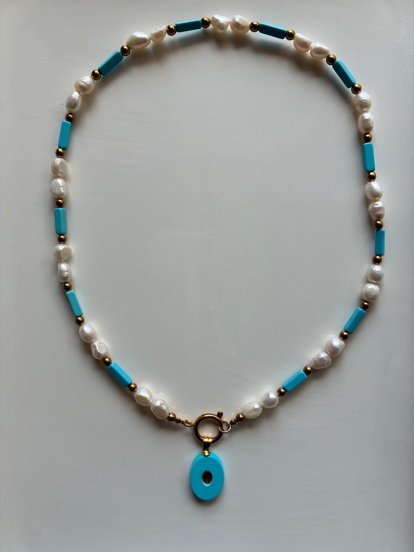 Collana Perle di Fiume, Pasta di Turchese, Ematite Dorata, Ciondolo in Pasta di Turchese