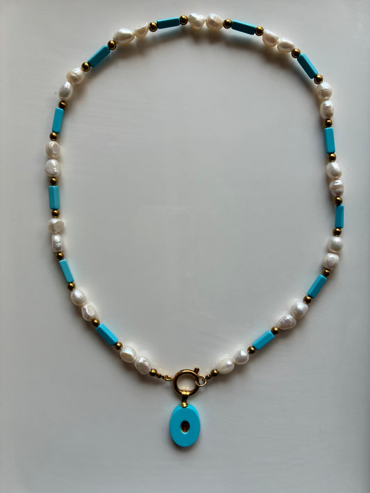 Collana Perle di Fiume, Pasta di Turchese, Ematite Dorata, Ciondolo in Pasta di Turchese