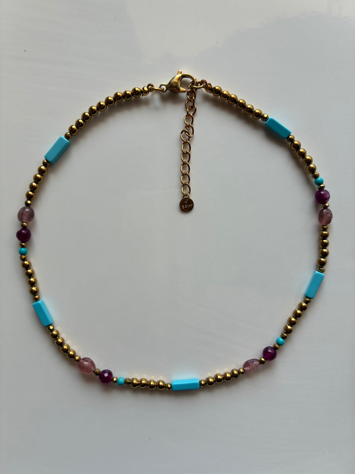 Collana Girocollo Ematite Dorata Liscia, Pasta di Turchese, Pietra Burattata