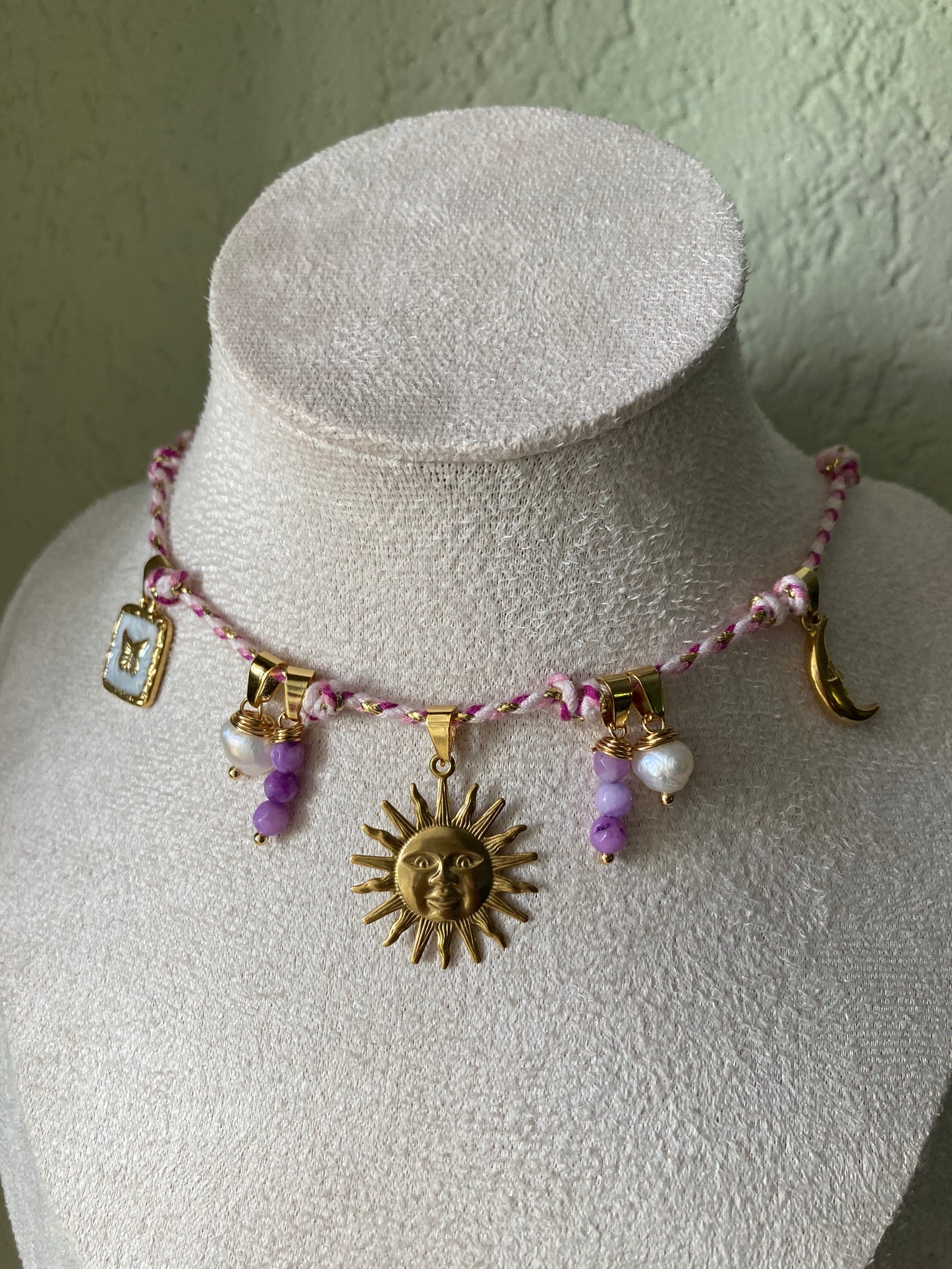 Collanina Kora Cordino Rosa 5 Pendenti