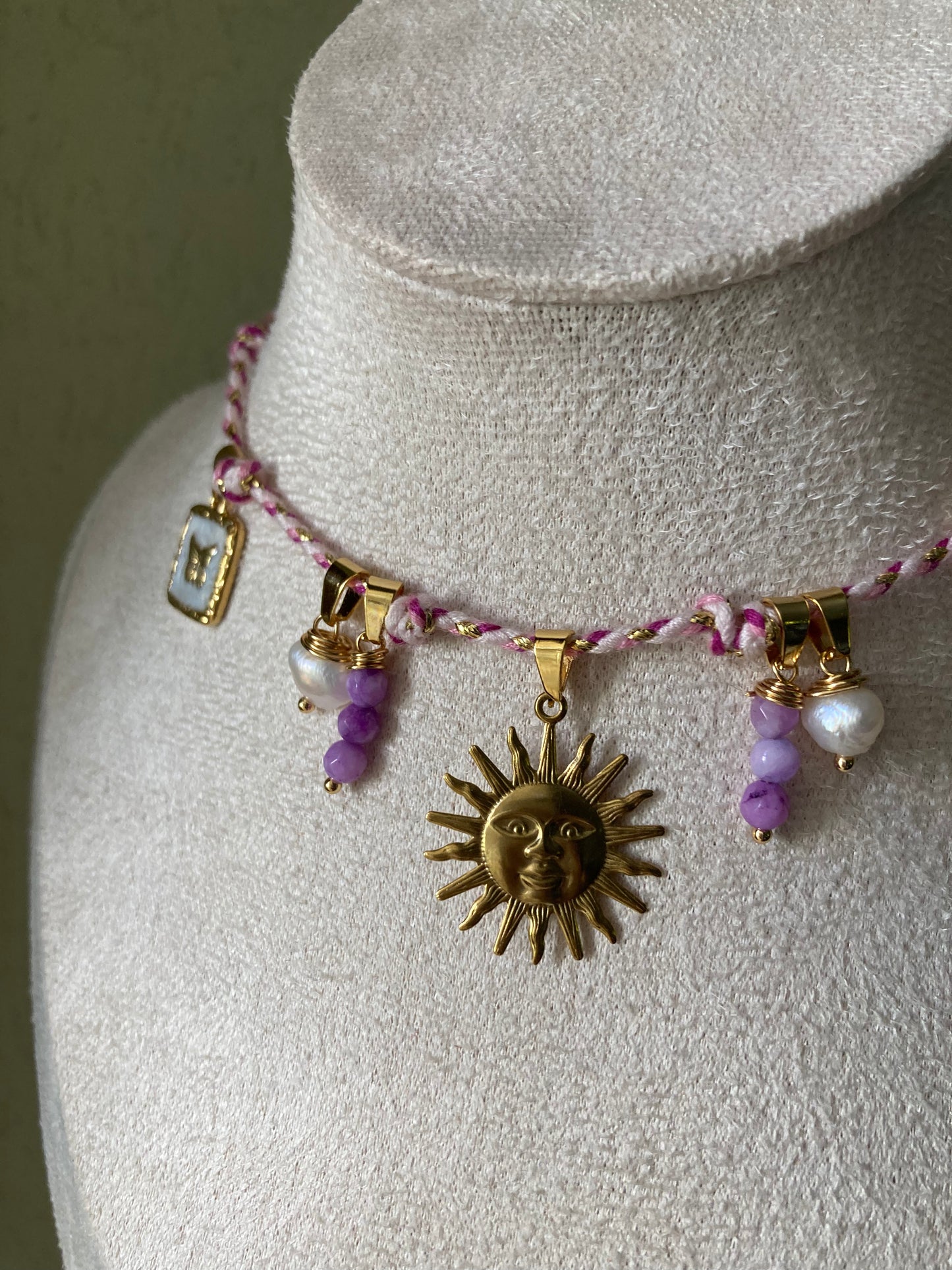 Collanina Kora Cordino Rosa 5 Pendenti