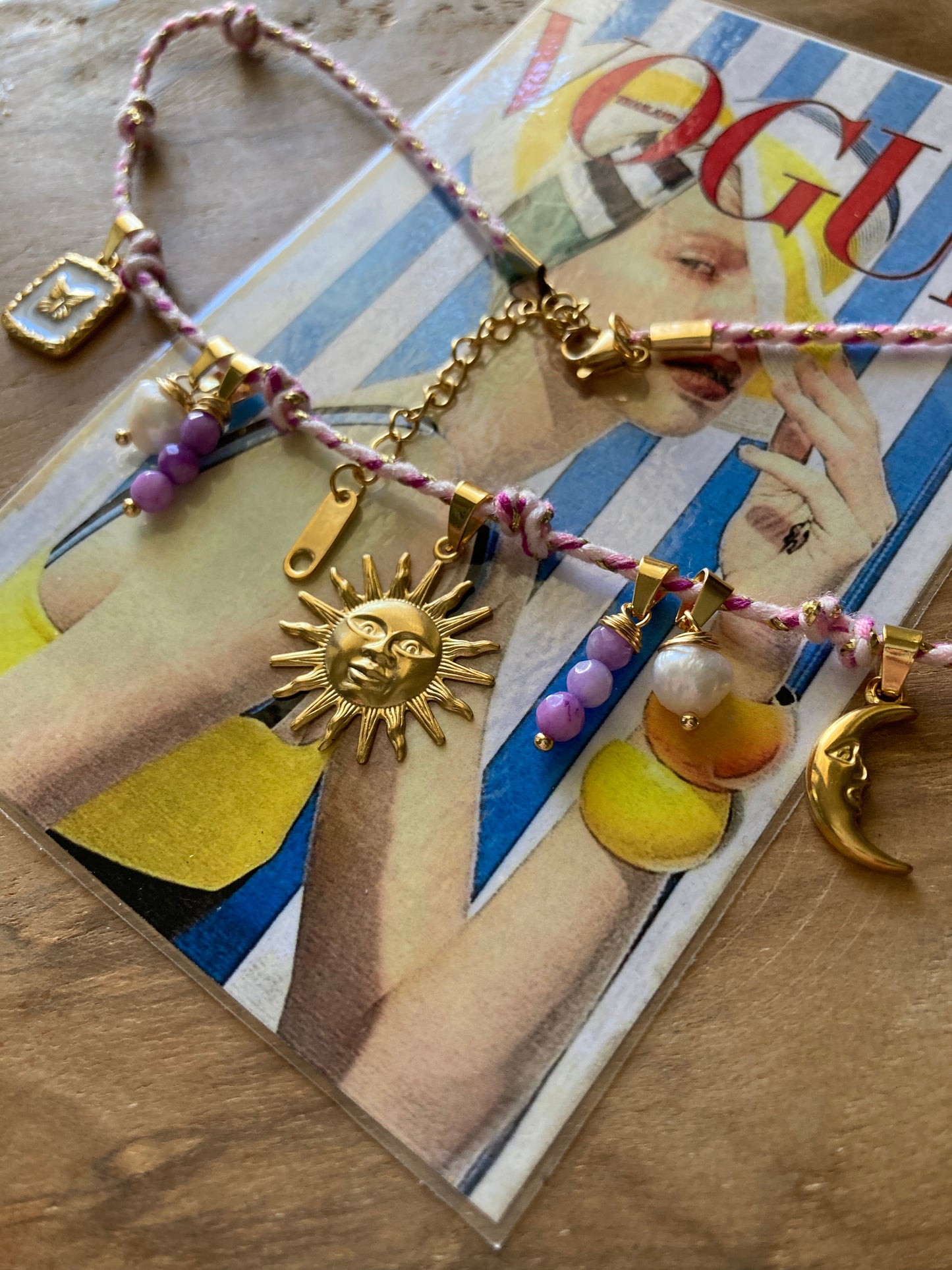 Collanina Kora Cordino Rosa 5 Pendenti