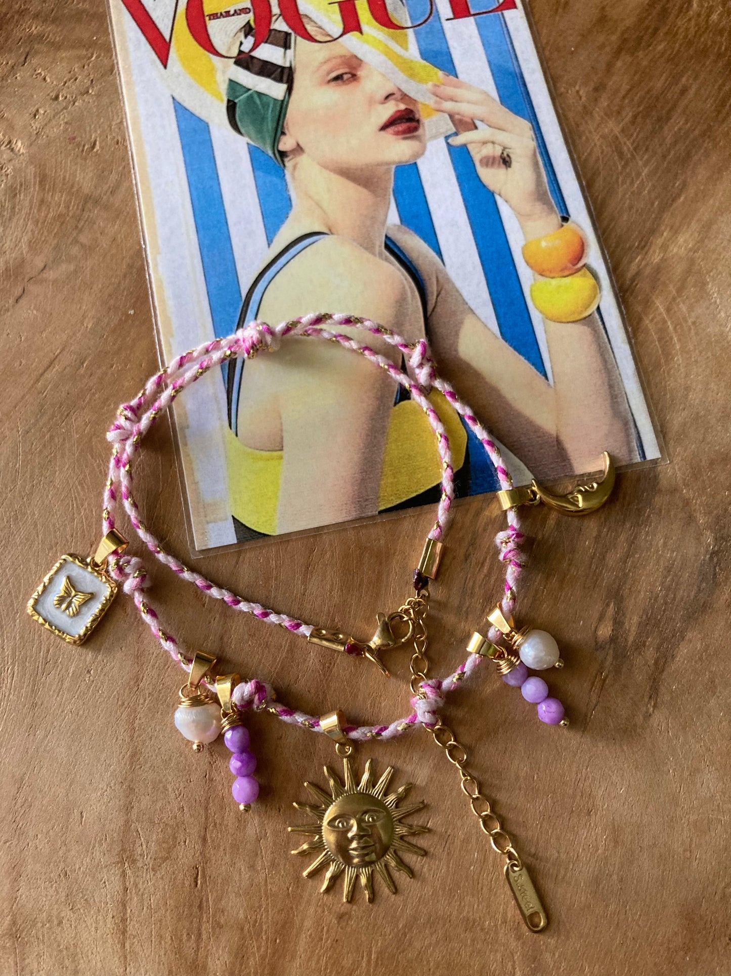 Collanina Kora Cordino Rosa 5 Pendenti