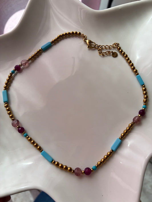 Collana Girocollo Ematite Dorata Liscia, Pasta di Turchese, Pietra Burattata