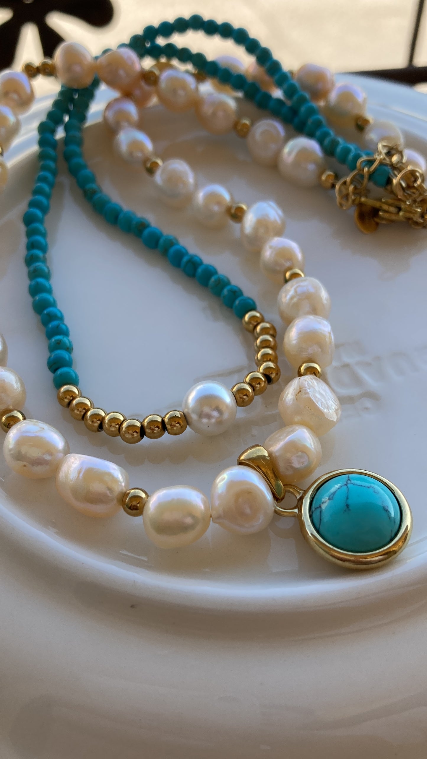 Collana Girocollo Pasta di Turchese Pepite Acciaio Perla di  Majorca