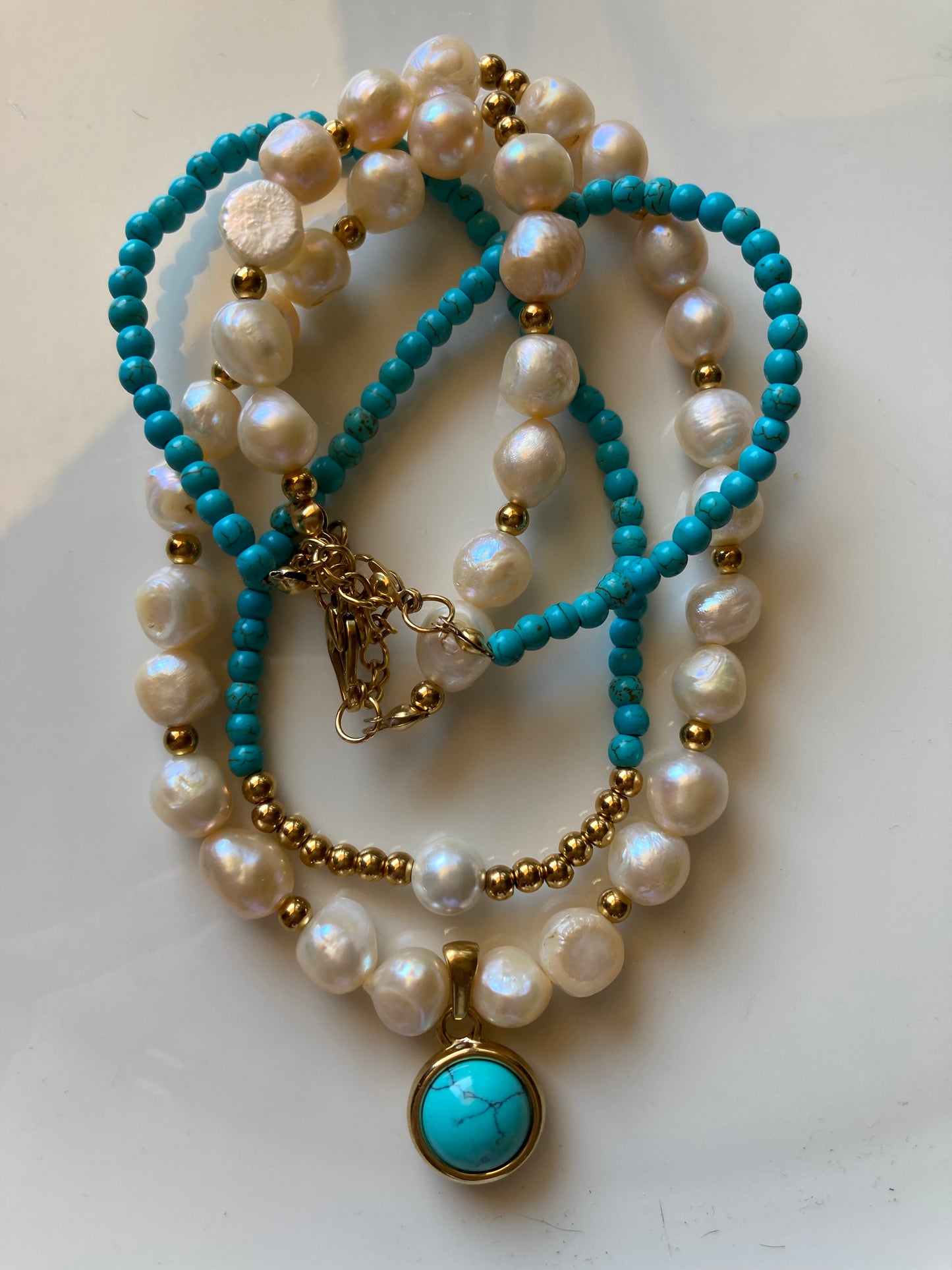 Collana Girocollo Pasta di Turchese Pepite Acciaio Perla di  Majorca