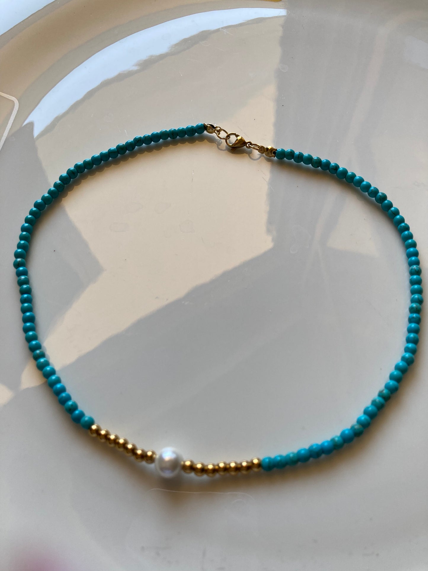 Collana Girocollo Pasta di Turchese Pepite Acciaio Perla di  Majorca