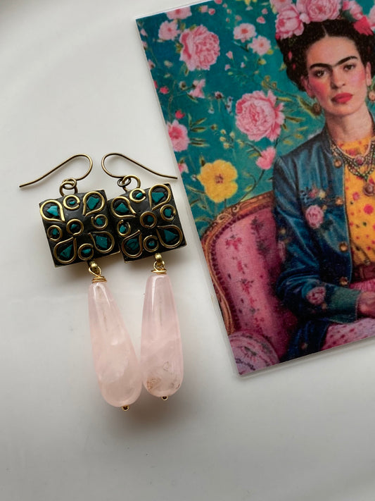 Orecchini Pendente Indiano Goccia Quarzo Rosa