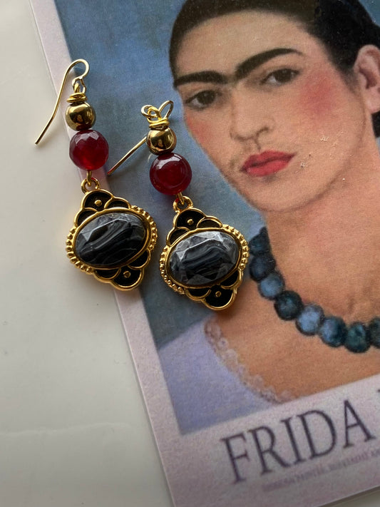 Orecchini Pietra di Agata Bordeaux e Pendente Pietra in Acciaio