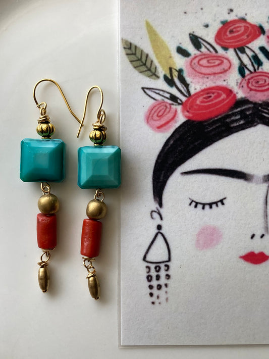 Orecchini Cristallo Turchese e Corallo Bambù