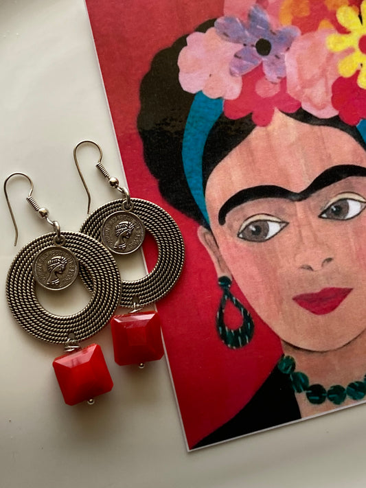 Orecchini Cerchi Rigati e Cristallo Rosso