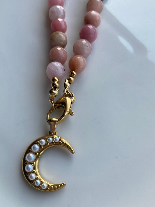 Collana Girocollo con Pietre Dure e Pendente Luna in Acciaio