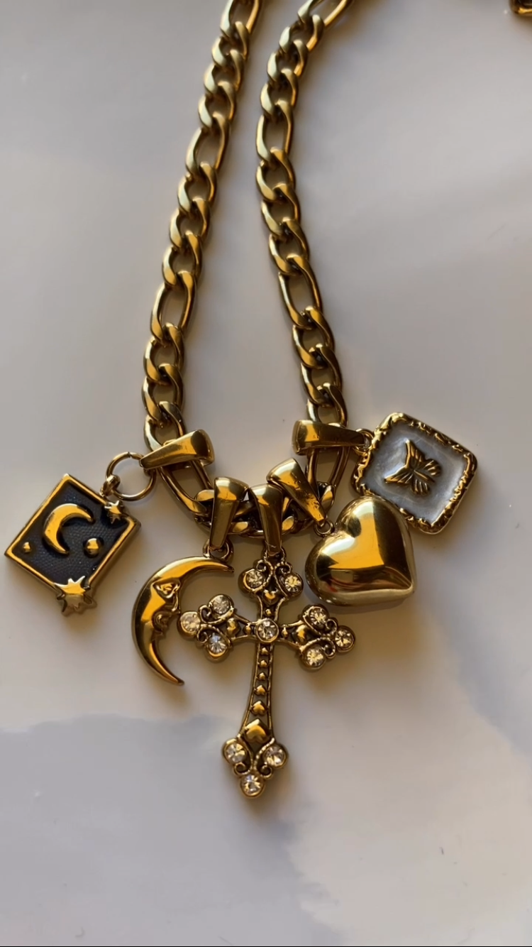 Collana Figaro 5 Pendenti, Ciondolo Centrale Croce