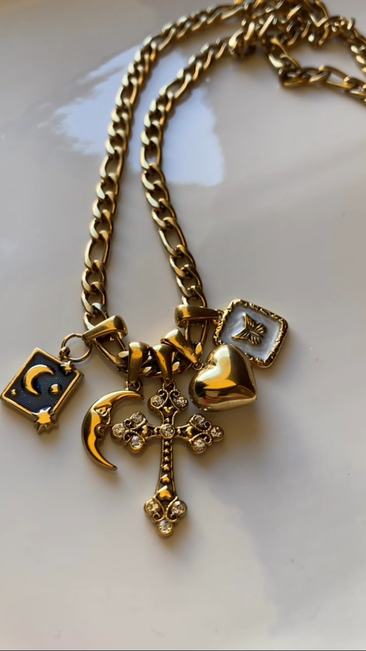 Collana Figaro 5 Pendenti, Ciondolo Centrale Croce
